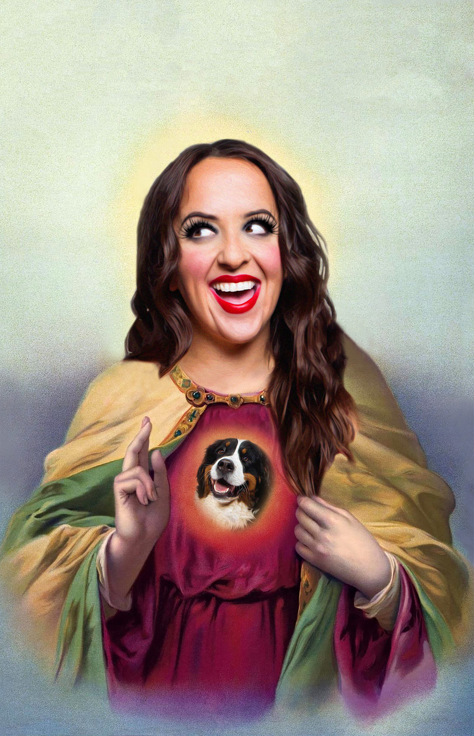 Luisa Omielan posing as God Is A Woman with Bernie the dog in her heart